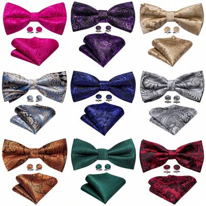 ربطة عنق حريرية كلاسيكية للرجال، بوصلة مربعة قابلة للضبط عقدة الفراشة بنمط الباسلي مع أزرار الأكمام