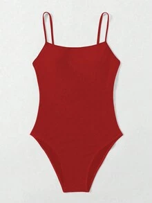 New Summer Fashion Simple Solid Spaghetti Strap One-Piece Swimsuit Bathing Suit, Slimming - Red - View 5