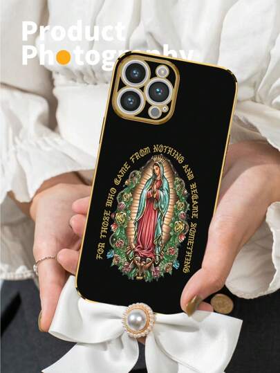 Funda protectora para teléfono de silicona blanda con electrochapado negro y estampado floral de la Virgen María, compatible con iPhone 16, 1 pieza
