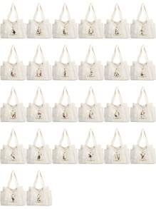 Bolsas de tote personalizadas con iniciales de la A a la Z con patrón de letras doradas, bolsa de compras de lona de gran capacidad, organizador de hombro personalizado para mujeres, bolsas de mano de comestibles, bolsa reutilizable personalizada con patrón de nombre, bolsa de lona para ir y venir, bolsa de picnic de viaje, bolsa de playa - Beis - Ver 2