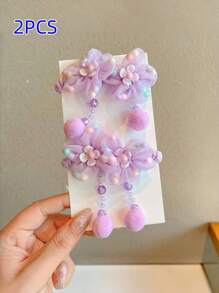 2 件/套女孩紫色花朵流苏绒球卡通发圈，不会损坏发带 - 紫色 - 查看 12