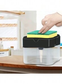 Contenedor de líquido para lavar platos tipo prensa con dispensador automático, estropajo de cocina, dispensador de jabón, esponja y toalla de plato - Dispensador de líquido automático con cepillo de fregar - Herramienta de limpieza de cocina multifuncional - Esencial de cocina, cocina, fiesta en la playa de verano, comida, camping, organizador, decoración de habitaciones, utensilios de cocina