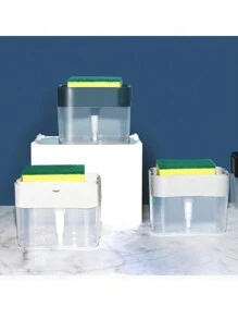 Contenedor de líquido para lavar platos tipo prensa con dispensador automático, estropajo de cocina, dispensador de jabón, esponja y toalla de plato - Dispensador de líquido automático con cepillo de fregar - Herramienta de limpieza de cocina multifuncional - Esencial de cocina, cocina, fiesta en la playa de verano, comida, camping, organizador, decoración de habitaciones, utensilios de cocina