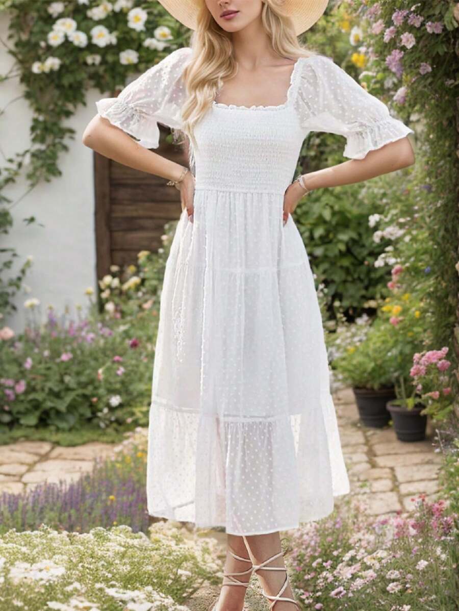 Nữ cổ vuông Thụy Sĩ Polka-Dot bong bóng tay áo xù ngắn tay Sundress - trắng - Xem 1