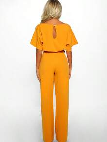 Mujeres mono temperamento viajero primavera otoño pantalones botón corbata de manga corta recta sin tirantes con volantes mono - Amarillo - Ver 2