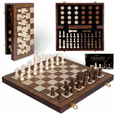 1 zestaw magnetycznych drewnianych szachów/2 w 1 szachy i warcaby planszowe/15,5-calowa składana plansza/3-calowe magnetyczne figury szachowe/z 2 dodatkowymi królowymi/zestaw szachowy/zestaw szachowy/gra w warcaby, gry na imprezę dla dorosłych odpowiednie na Halloween/Boże Narodzenie/Święto Dziękczynienia