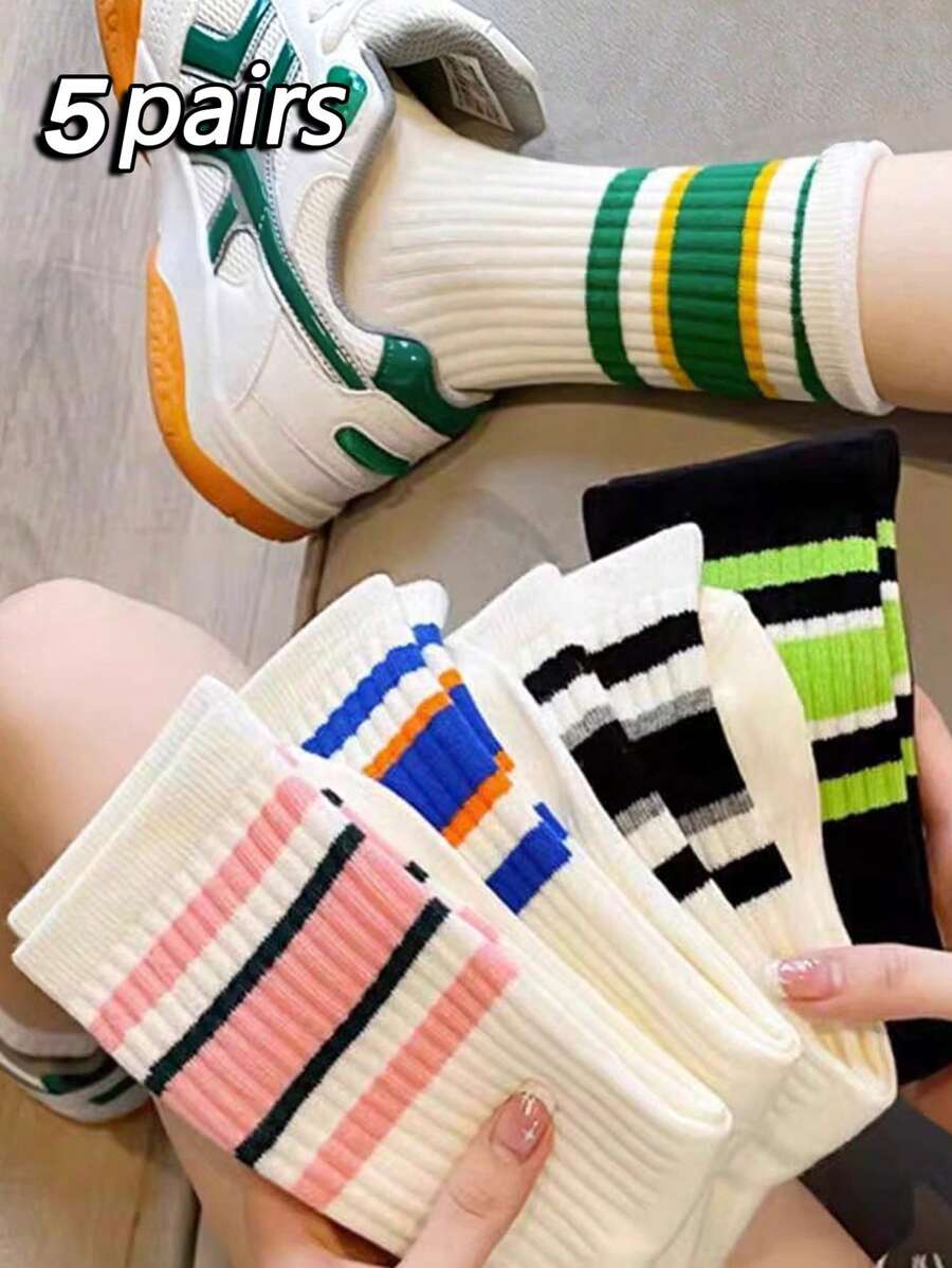 1/5 双女士中筒袜、长袜、白袜、女士袜子、可爱袜子、女童袜子、黑袜子、网眼透气细节、导轨透气孔设计、吸湿排汗、柔软滑爽，适合各种节日、运动、休闲、商务等日常穿着，一年四季均可穿着，颜色组合随机。 - 彩色 - 查看 1
