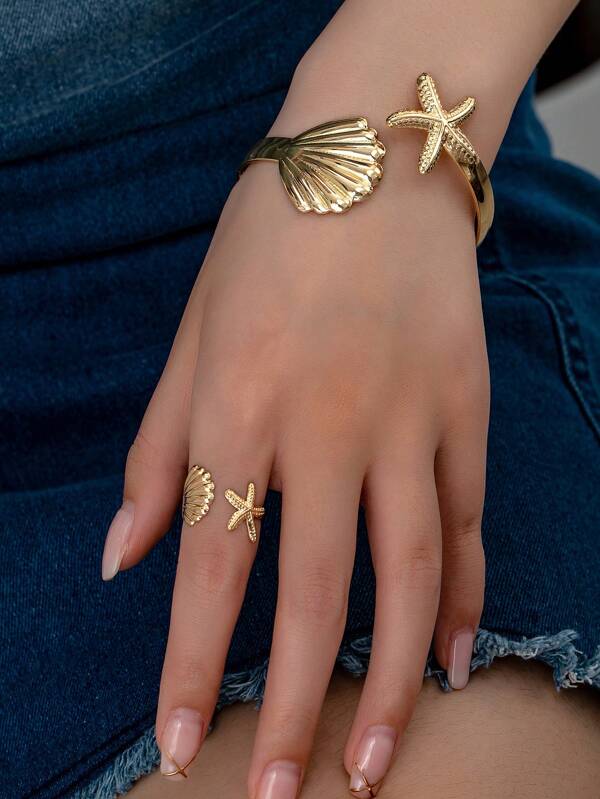1pc Starfish & Shell Metal Adjustable Bangle Bracelet + 1pc Ring Set, Vintage Beach Holiday Style Fashion Accessory, Gift For Women
