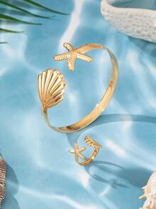 1入海星貝殼金屬手鐲+1入可調節開口戒指海灘度假風格復古時尚禮物套裝女士 - 金黃色 - 查看 4