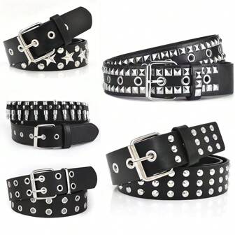 1pc Women's Punk Rivet Belt, Black Neutral Personalized Pentagram Bullet Studded Jeans Belt