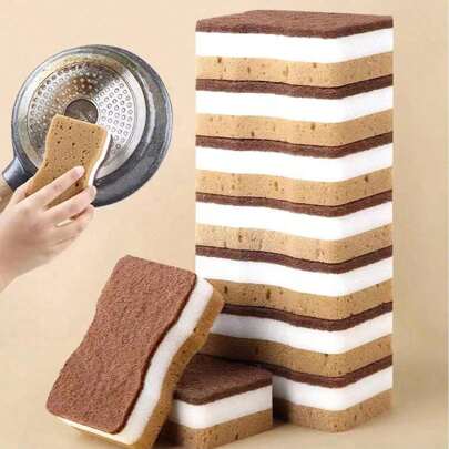 1/5/10pcs Brown Seaweed Shaped Triple-Layer Strong Double-Sided Magic Sponge For Kitchen Cleaning,Kitchen,Bathroom,Home,Household Suppliers