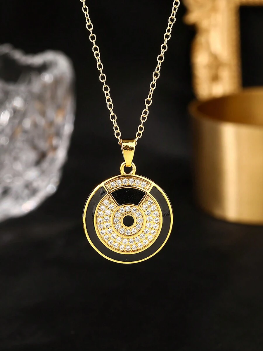 1件复古时尚镀金铜圆吊坠项链，男女日常佩戴皆宜 - 金黃色 - 查看 1