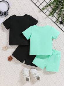 Baby Boy Spring Four-Piece Set, Black Letter Print Solid Color Pants With Spider Web Print, Including Top, Long Pants, Hat, And Socks - Multicolor - View 2