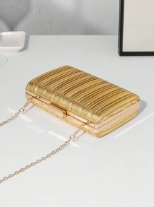 Women's Fashion Metallic Leather Gold Clutch Box Bag For Evening/Party/Formal Events With Chain Strap, Luxurious Dressy Formal/Party Square Shoulder Bag, Dance Party Handbag, Crossbody Bag - Gold - View 4