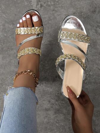 女士时尚水钻装饰露趾坡跟凉鞋，带系带，适合休闲穿着