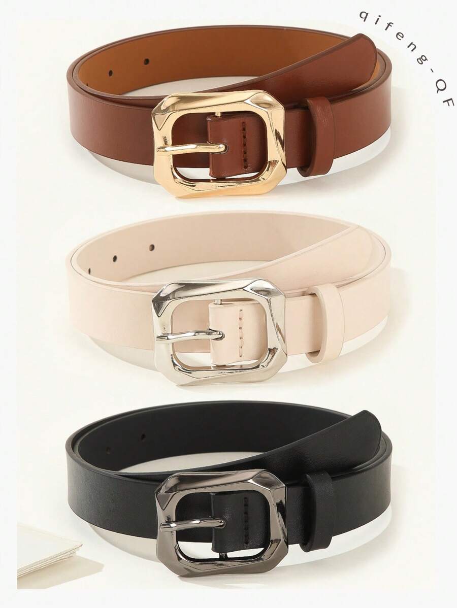 Belt buckles 3件組金色方扣PU皮革腰帶，時尚優雅女款腰帶，適合搭配洋裝、T恤、休閒褲，日常穿著