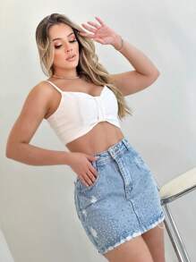 Saia Jeans Feminina Curta com Pontos de Brilho - Lavagem clara - Visão 1