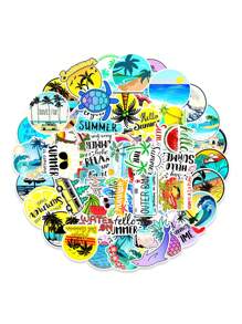 50入組夏日沙灘貼紙，海灘風衝浪貼紙，可愛冒險貼紙，適用於水瓶上的沙灘貼紙，熱帶貼紙，海洋主題貼紙，貼紙，酷炫青少年貼紙，夏威夷阿羅哈衝浪貼紙，乙烯基防水貼紙包