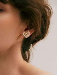 1對甜美可愛優雅的心形淡水珍珠耳釘，銀925鑲真珠串飾耳環，適用於女性、女士、女孩珠寶首飾，最佳生日、情人節、婚禮、訂婚和日常配戴禮物 - 金黃色 - 查看 5