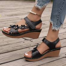 Sandalias casuales de tacón de cuña para mujer de talla grande, Nueva colección de verano 2024 - Negro - Ver 2