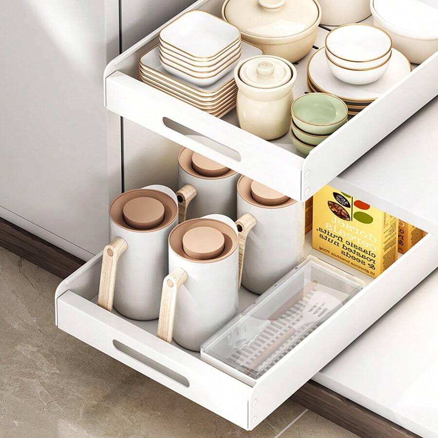 1pc Kitchen Pull-Out Storage Box Cabinet Organizer With Rails, Simple Design, No Installation Required, Condiment Drawer Shelf - White - View 1