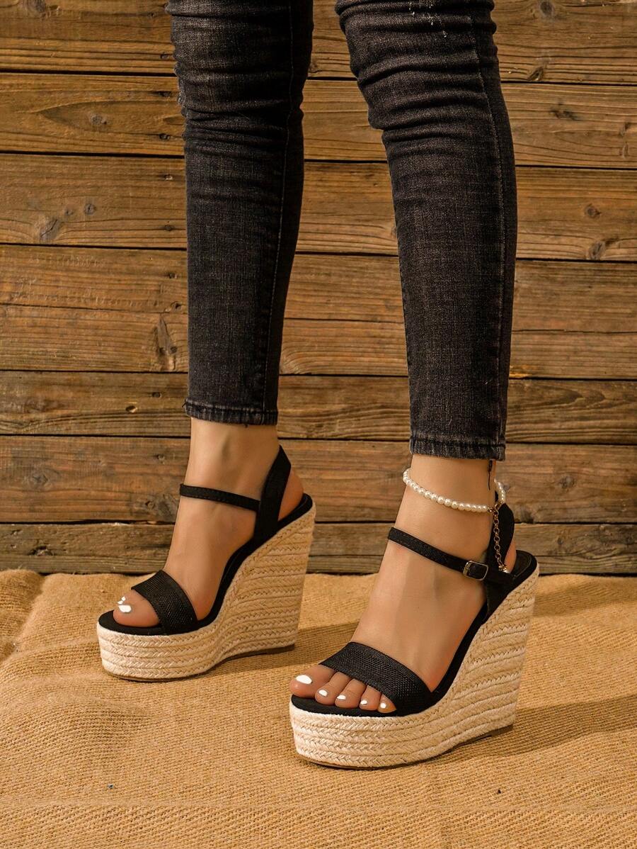 Knitted Single Band Slingback Sandals With Jute Rope Wedge Heels For Women