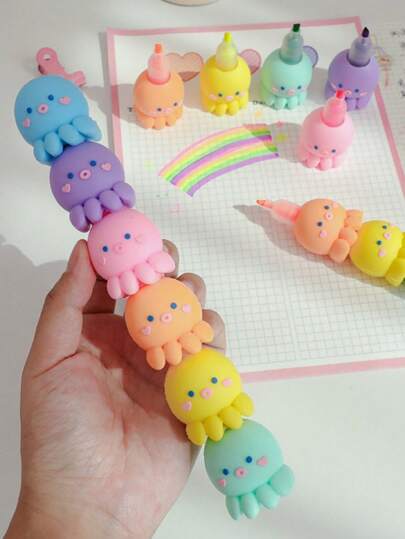 1set/5pcs Fluorescent Gel Ink Octopus Highlighter Pens With Cute Japanese And Korean Style Box For Drawing And Marking Back To School
