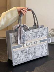 1 件，（11 英寸 * 7.9 英寸 * 3.9 英寸）时尚女士手提包，容量大，方形，轻巧，配有精致的丝巾装饰。采用防刮耐磨材料制成，适合购物、约会、聚会、工作、通勤。字母图案，优雅、简约、休闲灰色和粉色女士手提包。，女士时尚蝴蝶结钱包 - 灰色 - 查看 7