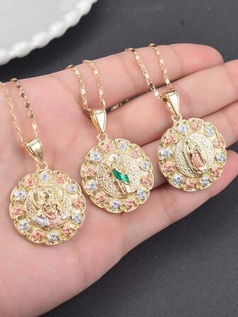 1pc ORO Laminado  Tricolor Guadalupe Pendant Necklace, Necklace,St.Judas Necklace Golden Plated Mexico Jewelry For Men With 24inch Rope Chain