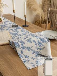 1 pieza Corredor de mesa rectangular de estilo bohemio con impresión de flores azules estilo rosa vintage de poliéster, mantel individual de tela con estampado floral bohemio en azul oscuro, adecuado para decoración de mesa de cocina vintage y de temporada para fiestas en el hogar