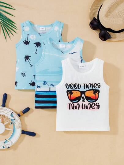 3pcs Baby Boy Sunglasses & Letter Printed Sleeveless Vest, Summer Beach Vacation Style, Cool Daily Wear