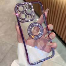 1pc Plating CD Pattern With Rhinestones Phone Case, Clear Back With Gemmed Camera Protection Soft TPU Cover, Compatible With Apple Series Smartphones
