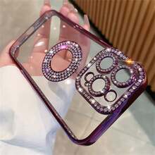 1pc Plating CD Pattern With Rhinestones Phone Case, Clear Back With Gemmed Camera Protection Soft TPU Cover, Compatible With Apple Series Smartphones