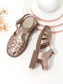 新款夏季時尚可愛兒童公主編織涼鞋，橡膠鞋底，復古風格，透氣多用 - 玫瑰金 - 查看 4