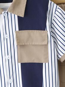 少年男孩夏季休閒條紋拼接襯衫和迷彩長褲套裝