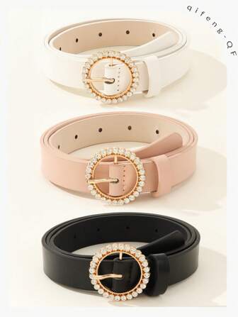 Set de 3 cinturones de mujer de lujo con hebilla redonda dorada y decoración de rhinestones, adecuado para vestidos o Halloween, verano, escuela, otoño, Halloween