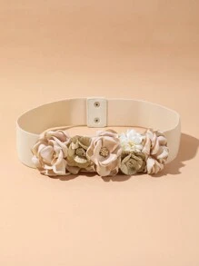 1 Pieza Cinturón Elegante Para Mujer Con Estilo Francés En Tejido Hecho A Mano Con Bordes Quemados Y Cinturilla Elástica Con Flor De Camelia 3d Y Decoración De Flores Falsas - Negro - Ver 2