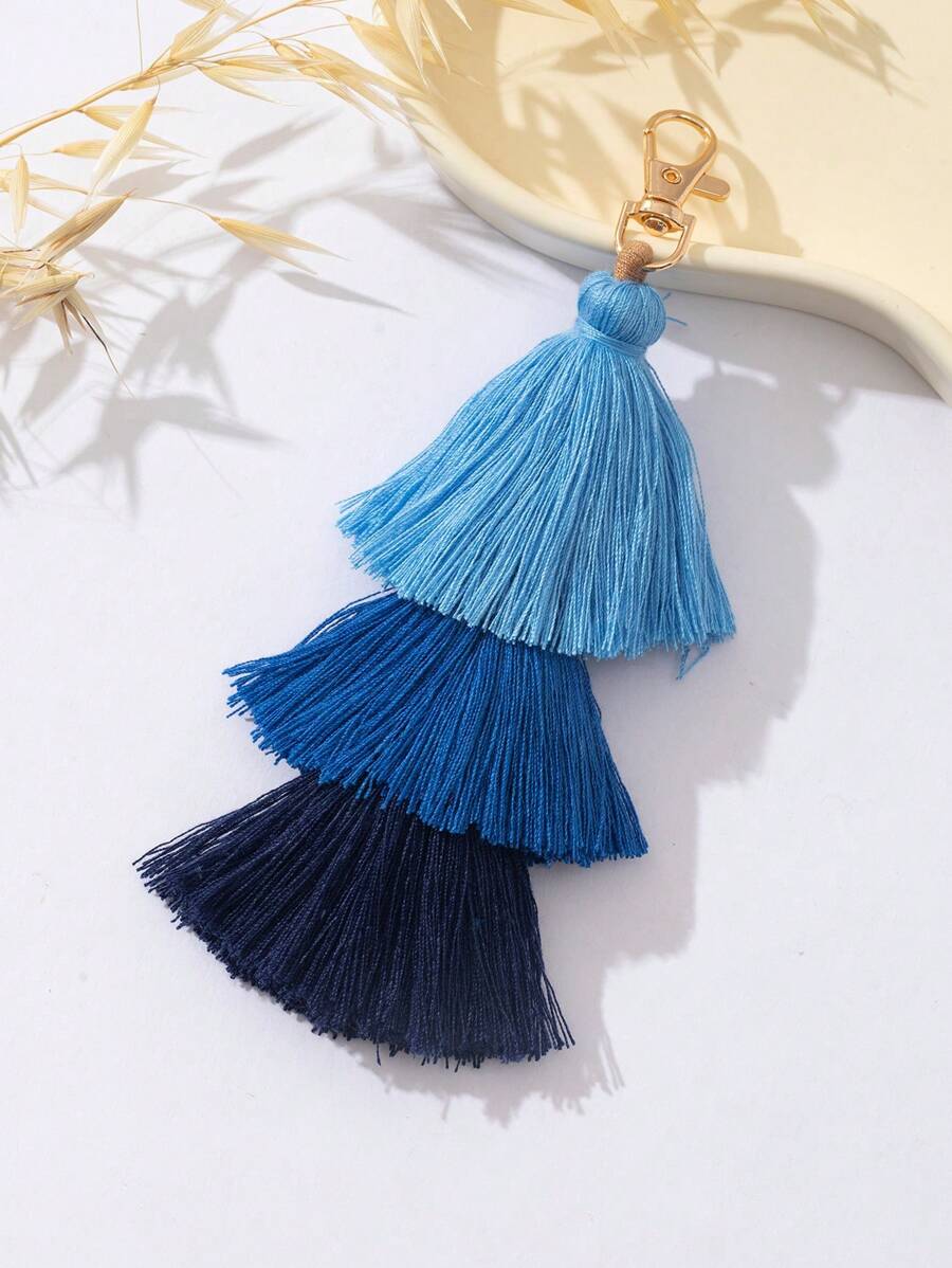 Bag Charm, Three Layers Rice Bead Tassel Bag Accessory, 1pc - Blue - View 1