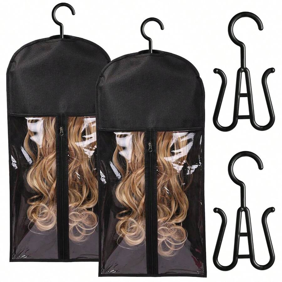 2 Sets Wig Hanger Hair Extension Holder Wig Storage For Multiple Wigs Bags Storage With Hanger Wig Holder Dust-Proof Hair Extension Storage With Hook Hair Extensions, Wigs & Accessories (Black) - Black - View 1