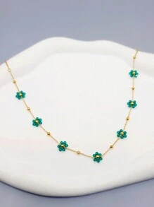 1入夏季流行可愛少女新款鈦鋼小花項鍊珠子鎖骨鏈珠寶，彩色不鏽鋼項鍊，約會禮物，返校季，婚禮季，波西米亞假期風格 - 綠色 - 查看 3