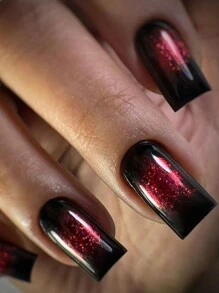 Set de uñas y2k cuadradas y largas de gradiente rojo y negro de ojos de gato con 24 uñas postizas + 1 pegamento gelatinoso + 1 lima de uñas - Multicolor - Ver 1