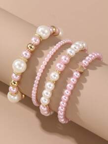 Set de 4 piezas, pulsera con dijes en forma de corazón y perla, color rosa y blanco, accesorio diario para niñas