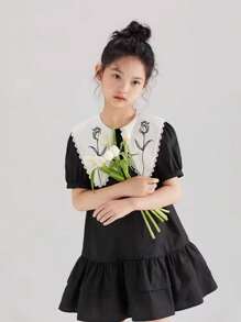 Young Girl Contrast Collar Dress With Flower Embroidery And Ruffle Trim - Black - View 1