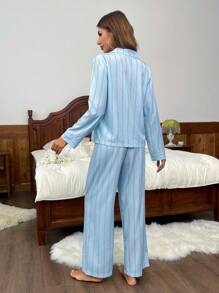 Nina Bonheur 两件套女士宽松舒适透气条纹长袖上衣和裤子家居服套装，舒适保暖，秋冬服装 - 藍色 - 查看 4