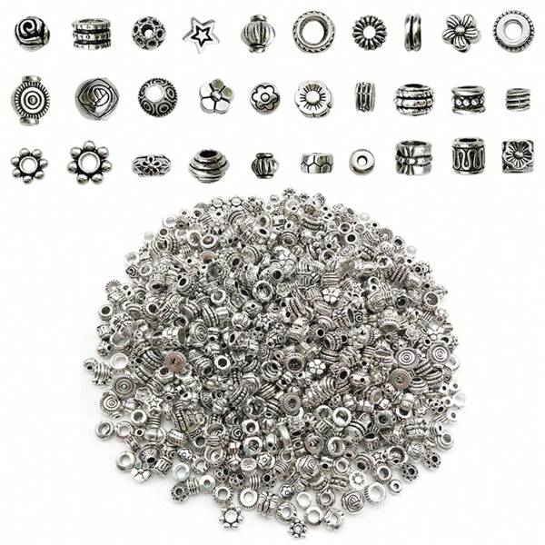 50pcs Antique Silver  Loose Beads Alloy Spacer Beads With Hole Metal Bead Caps Antique Silver Beads Spacers Craft For Bracelets Necklace Crafts Jewellery DIY Craft