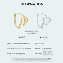 bamoer 1 PC 925 Sterling Silver Punk Style V-Shaped Opening Ring Double-Layer Plated 18k Gold Adjustable Ring Simple Fine Jewelry For Women