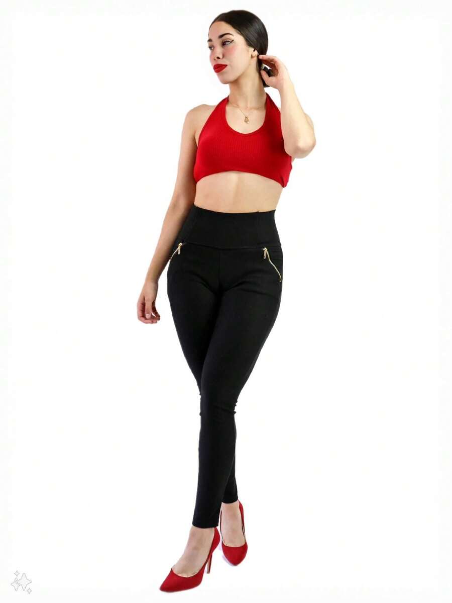 Pantalon Costillero Cintura Alta Acrilica Mezclilla Gabardina Cierre Reforzado Elastico Moda Sexy Amolda Figura Ajustable Trina - Negro - Ver 1