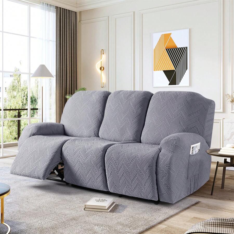 Stretch Recliner Sofa Covers, Reclining Couch Covers With Pockets, Jacquard Reclining Sofa Covers Soft Washable Furniture Protector With Elastic Bottom - 淺灰色 - 查看 1