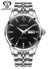 JARDURLY男士豪華自動機械手表，鑽石點綴，夜光指針和不鏽鋼錶帶，商務休閒款式，復古腕錶，生日或假日送給父親的禮物 - 黑色 - 查看 2