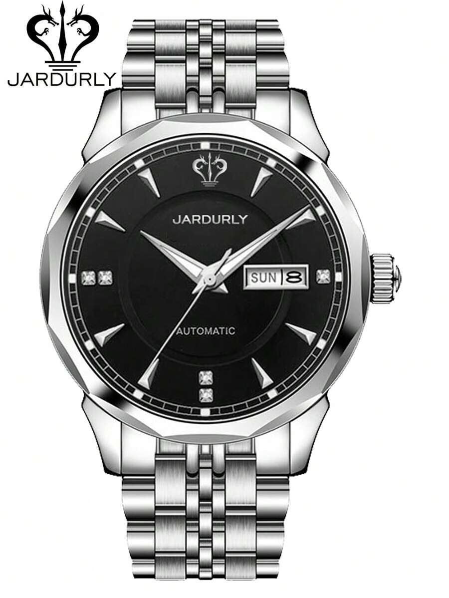 JARDURLY男士豪華自動機械手表，鑽石點綴，夜光指針和不鏽鋼錶帶，商務休閒款式，復古腕錶，生日或假日送給父親的禮物